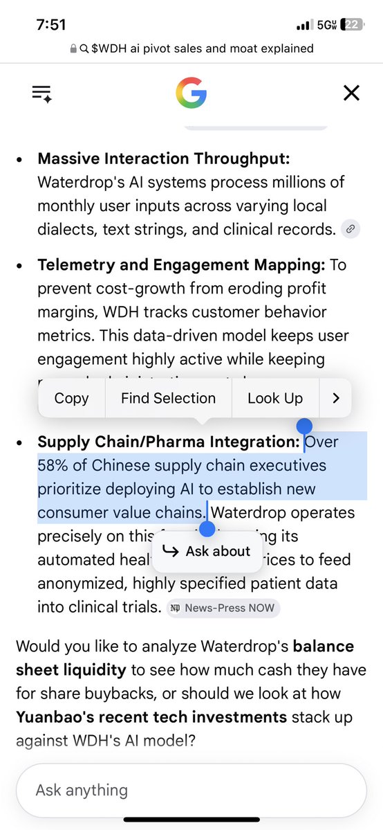 HunterAllen4's tweet photo. $WDH 

A Chinese scam?

Or one of the cheapest profitable AI growth companies in the market?

This isn’t another cash-burning China story.

Watch for volume and keep eyes, not my favorite setup but an interesting one. 

It’s becoming an AI-native insurance and healthcare platform.

And I still believe many of those are only getting started.

Now I’m watching $WDH.

Look at $LMND, $OSCR, $HUIZ, and even $PLTR for the blueprint.

Unlike traditional insurers that carry underwriting risk, Waterdrop operates an asset-light AI-powered insurance marketplace, technical services platform, medical crowdfunding ecosystem, and digital clinical trials network.

Every customer strengthens the data.

Every interaction improves the AI.

Every product expands the ecosystem.

Its business is built around:

• AI-powered insurance marketplace
• Technical services for insurers
• Medical crowdfunding
• Digital clinical trial recruitment
• AI underwriting & risk analytics

This creates multiple recurring revenue streams while requiring far less capital than traditional insurance carriers.

The AI opportunity may be even bigger.

Management is transforming Waterdrop into an AI-native company.

Already deployed:

• AI Insurance Expert
• https://t.co/U3QbObGrQV underwriting assistant
• Claw Copilot CRM
• AI-powered risk screening
• Intelligent recommendations
• 75+ LLM patent applications
• 100+ AI-related patents

Unlike many AI stories…

Management is already producing measurable results.

• AI Insurance Expert increased facilitated premiums 17.7% QoQ.
• AI generated roughly RMB 87M of incremental insurance premiums in Q1 alone.
• Technical services revenue exploded as AI underwriting, CRM, and analytics adoption accelerated.

This isn’t experimental AI.

It’s already driving revenue growth.

The moat may be even larger.

Waterdrop has quietly built one of China’s largest healthcare data ecosystems.

Current platform scale:

• 494M cumulative donors
• RMB 73.5B raised
• 3.75M patients helped
• 243+ pharma & CRO partners
• 15,500+ patients matched across 1,700+ clinical trials

That creates proprietary healthcare and insurance data that becomes more valuable as AI improves.

Global demand continues accelerating.

China remains one of the world’s largest underinsured markets.

Long-term tailwinds include:

• Aging population
• Rising healthcare costs
• Low insurance penetration
• Rapid digital insurance adoption
• AI-driven underwriting
• Expanding biotech & clinical trial demand

Growth has accelerated dramatically.

Recent results:

• FY2025 Revenue: ~$569M (+~50%)
• FY2025 Net Income: ~$81M
• Q1 2026 Revenue: +64.8%
• Insurance Revenue: +74.1%
• 17 consecutive profitable quarters
• ~$400M+ cash & short-term investments

Shareholders continue getting rewarded.

• ~$120M returned through buybacks
• Cash dividend
• Enterprise value remains remarkably low after adjusting for cash

One screen that caught my attention:

$PLTR
$CELH
$WDH

All currently meet:

• Revenue growth above 50%
• Gross margins above 50%
• Positive EBITDA
• Positive EBIT
• Operating income growth above 50%
• Gross profit growth above 90%
• Revenue above $600M
• Current assets above $700M
• Profit margins above 5%
• Less than 30% above 52-week lows

Upcoming catalysts:

• AI rollout across every business
• Technical services expansion
• Insurance penetration growth
• Clinical trial platform expansion
• Additional pharma partnerships
• Continued buybacks & dividends
• 2026 earnings acceleration

The risks are obvious.

China ADR sentiment.

Regulation.

Currency.

Competition.

Marketing ROI.

But if execution continues and sentiment toward Chinese equities improves…

Sometimes the market prices a company like it’s going out of business.

$WDH is acting like it’s just getting started.

Not financial advice. Always do your own research.