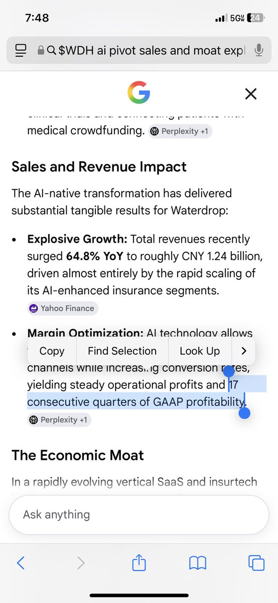 HunterAllen4's tweet photo. $WDH 

A Chinese scam?

Or one of the cheapest profitable AI growth companies in the market?

This isn’t another cash-burning China story.

Watch for volume and keep eyes, not my favorite setup but an interesting one. 

It’s becoming an AI-native insurance and healthcare platform.

And I still believe many of those are only getting started.

Now I’m watching $WDH.

Look at $LMND, $OSCR, $HUIZ, and even $PLTR for the blueprint.

Unlike traditional insurers that carry underwriting risk, Waterdrop operates an asset-light AI-powered insurance marketplace, technical services platform, medical crowdfunding ecosystem, and digital clinical trials network.

Every customer strengthens the data.

Every interaction improves the AI.

Every product expands the ecosystem.

Its business is built around:

• AI-powered insurance marketplace
• Technical services for insurers
• Medical crowdfunding
• Digital clinical trial recruitment
• AI underwriting & risk analytics

This creates multiple recurring revenue streams while requiring far less capital than traditional insurance carriers.

The AI opportunity may be even bigger.

Management is transforming Waterdrop into an AI-native company.

Already deployed:

• AI Insurance Expert
• https://t.co/U3QbObGrQV underwriting assistant
• Claw Copilot CRM
• AI-powered risk screening
• Intelligent recommendations
• 75+ LLM patent applications
• 100+ AI-related patents

Unlike many AI stories…

Management is already producing measurable results.

• AI Insurance Expert increased facilitated premiums 17.7% QoQ.
• AI generated roughly RMB 87M of incremental insurance premiums in Q1 alone.
• Technical services revenue exploded as AI underwriting, CRM, and analytics adoption accelerated.

This isn’t experimental AI.

It’s already driving revenue growth.

The moat may be even larger.

Waterdrop has quietly built one of China’s largest healthcare data ecosystems.

Current platform scale:

• 494M cumulative donors
• RMB 73.5B raised
• 3.75M patients helped
• 243+ pharma & CRO partners
• 15,500+ patients matched across 1,700+ clinical trials

That creates proprietary healthcare and insurance data that becomes more valuable as AI improves.

Global demand continues accelerating.

China remains one of the world’s largest underinsured markets.

Long-term tailwinds include:

• Aging population
• Rising healthcare costs
• Low insurance penetration
• Rapid digital insurance adoption
• AI-driven underwriting
• Expanding biotech & clinical trial demand

Growth has accelerated dramatically.

Recent results:

• FY2025 Revenue: ~$569M (+~50%)
• FY2025 Net Income: ~$81M
• Q1 2026 Revenue: +64.8%
• Insurance Revenue: +74.1%
• 17 consecutive profitable quarters
• ~$400M+ cash & short-term investments

Shareholders continue getting rewarded.

• ~$120M returned through buybacks
• Cash dividend
• Enterprise value remains remarkably low after adjusting for cash

One screen that caught my attention:

$PLTR
$CELH
$WDH

All currently meet:

• Revenue growth above 50%
• Gross margins above 50%
• Positive EBITDA
• Positive EBIT
• Operating income growth above 50%
• Gross profit growth above 90%
• Revenue above $600M
• Current assets above $700M
• Profit margins above 5%
• Less than 30% above 52-week lows

Upcoming catalysts:

• AI rollout across every business
• Technical services expansion
• Insurance penetration growth
• Clinical trial platform expansion
• Additional pharma partnerships
• Continued buybacks & dividends
• 2026 earnings acceleration

The risks are obvious.

China ADR sentiment.

Regulation.

Currency.

Competition.

Marketing ROI.

But if execution continues and sentiment toward Chinese equities improves…

Sometimes the market prices a company like it’s going out of business.

$WDH is acting like it’s just getting started.

Not financial advice. Always do your own research.