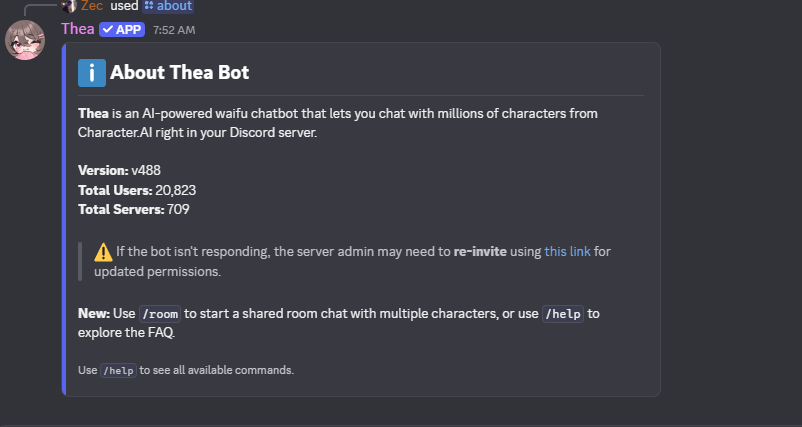 Zecdev's tweet photo. Bringing https://t.co/GZ3RdVpxNc into Discord group chats is wild.

I built a bot that pulls millions of characters right into your server. The new /room command lets you drop multiple AI characters into a single chat with your friends so they can argue with each other. https://t.co/1mgKr1GcBT