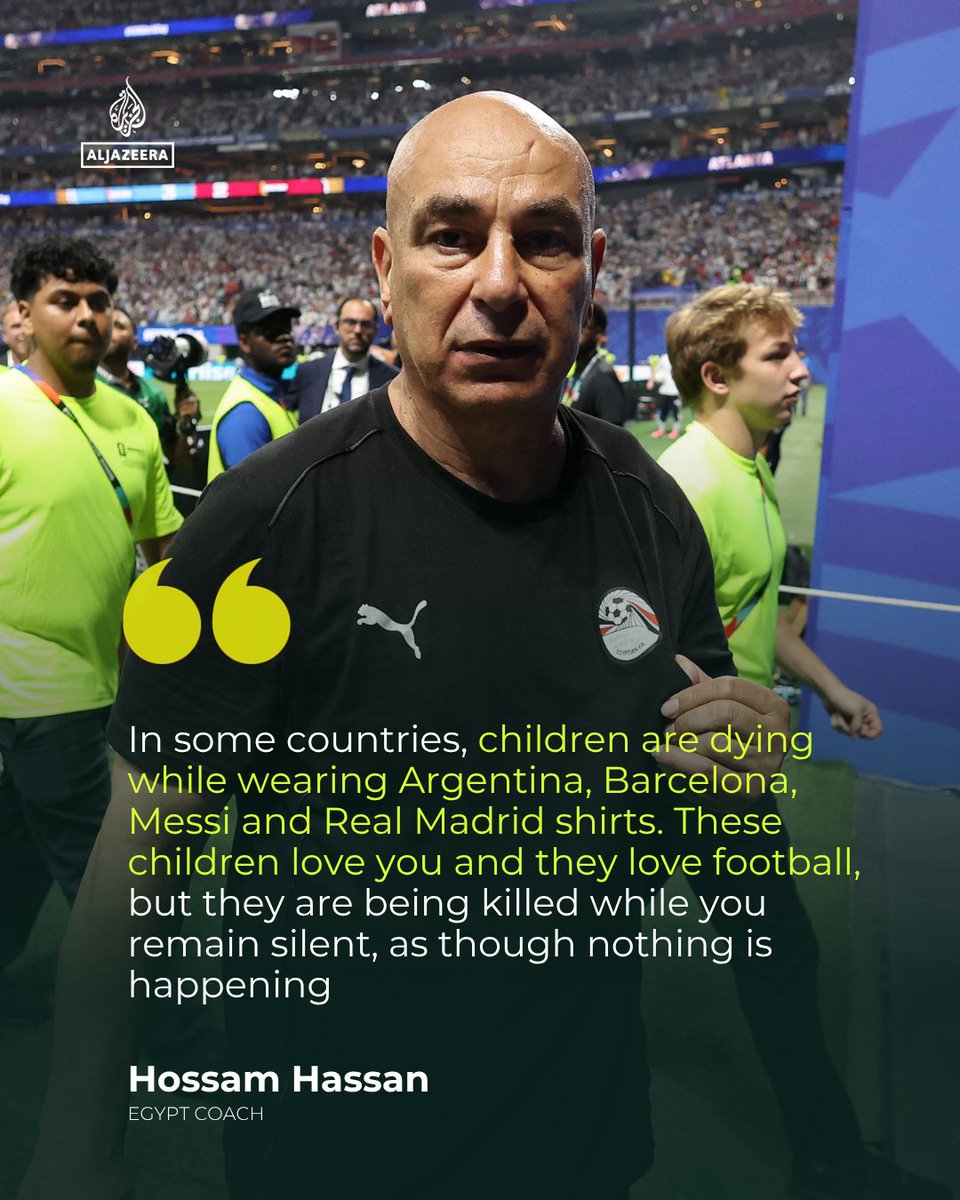 AJE_Sport's tweet photo. Egypt head coach Hossam Hassan has called on football's biggest names to speak out on Gaza, saying children wearing the shirts of clubs and players they admire are being killed while the football world remains silent. https://t.co/bsnqOlOFdK