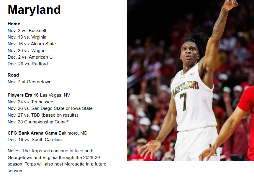 RoccoMiller8's tweet photo. Maryland has a complete, unofficial 2026-27 non-conference schedule after adding home tilts with Bucknell, Alcorn State, Wagner, and Radford. 

To track all Big Ten Schedules, here is your home:
https://t.co/bFkSpvcyN7

OVERVIEW: https://t.co/3livUq0d9S