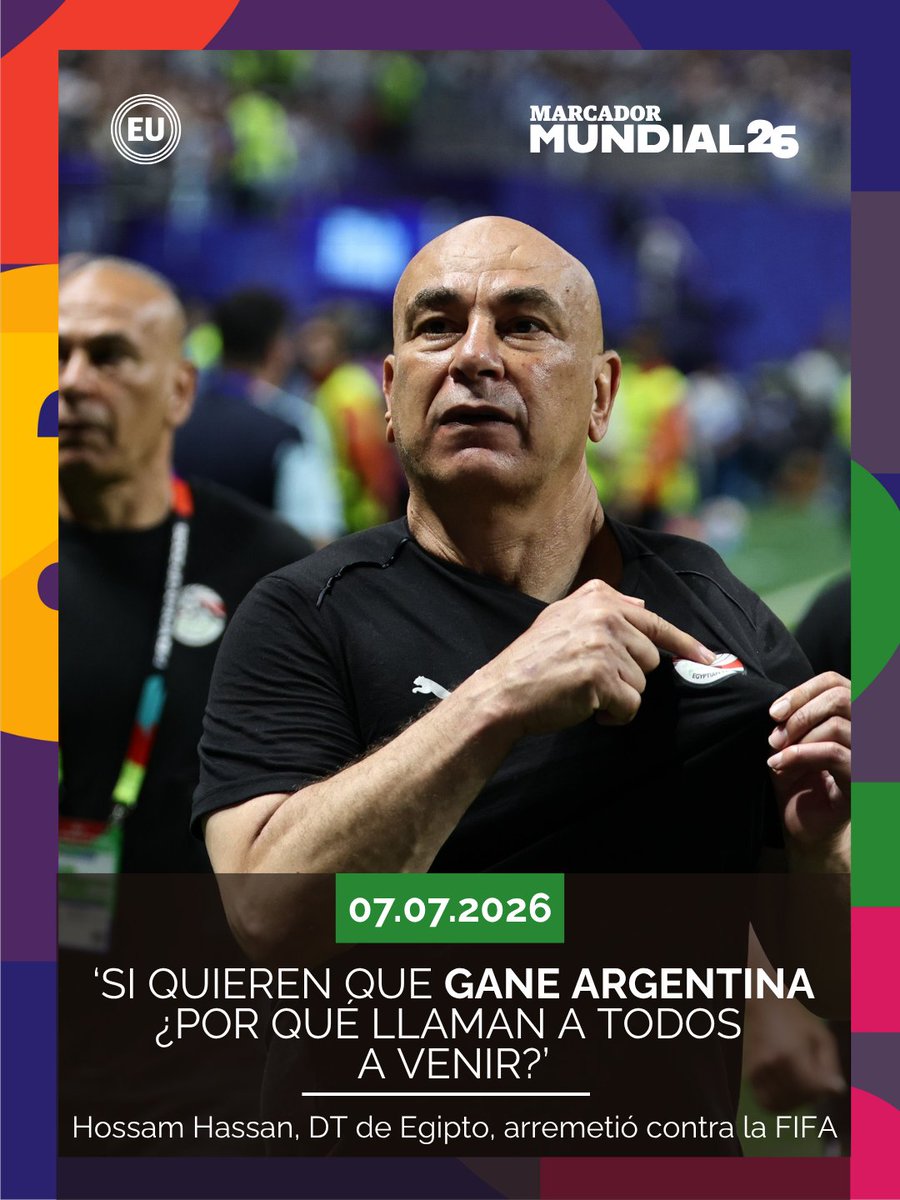 eluniversocom's tweet photo. Tras la derrota de #Egipto ante #Argentina en los octavos de final del #Mundial2026, Hossam Hassan explotó contra el arbitraje y la FIFA.

"No ha habido un juego limpio, no ha habido respeto", afirmó el técnico, quien también cuestionó la actuación del VAR y aseguró que su equipo fue tratado de manera injusta durante el encuentro.