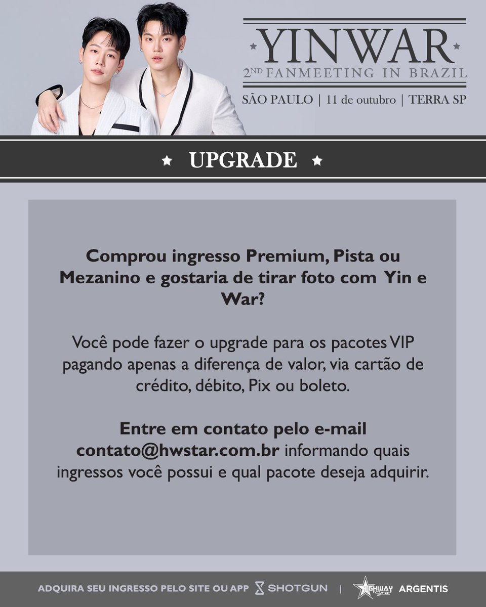 followhwstar's tweet photo. ✨ UPGRADE DISPONÍVEL

Comprou seu ingresso para a fanmeeting do #YinWar e quer fazer um upgrade? 
É só mandar um email para contato@hwstar.com.br e pagar a diferença 

📸 Não perca a oportunidade de tirar uma foto do ladinho de YinWar https://t.co/TWve1R8AFU