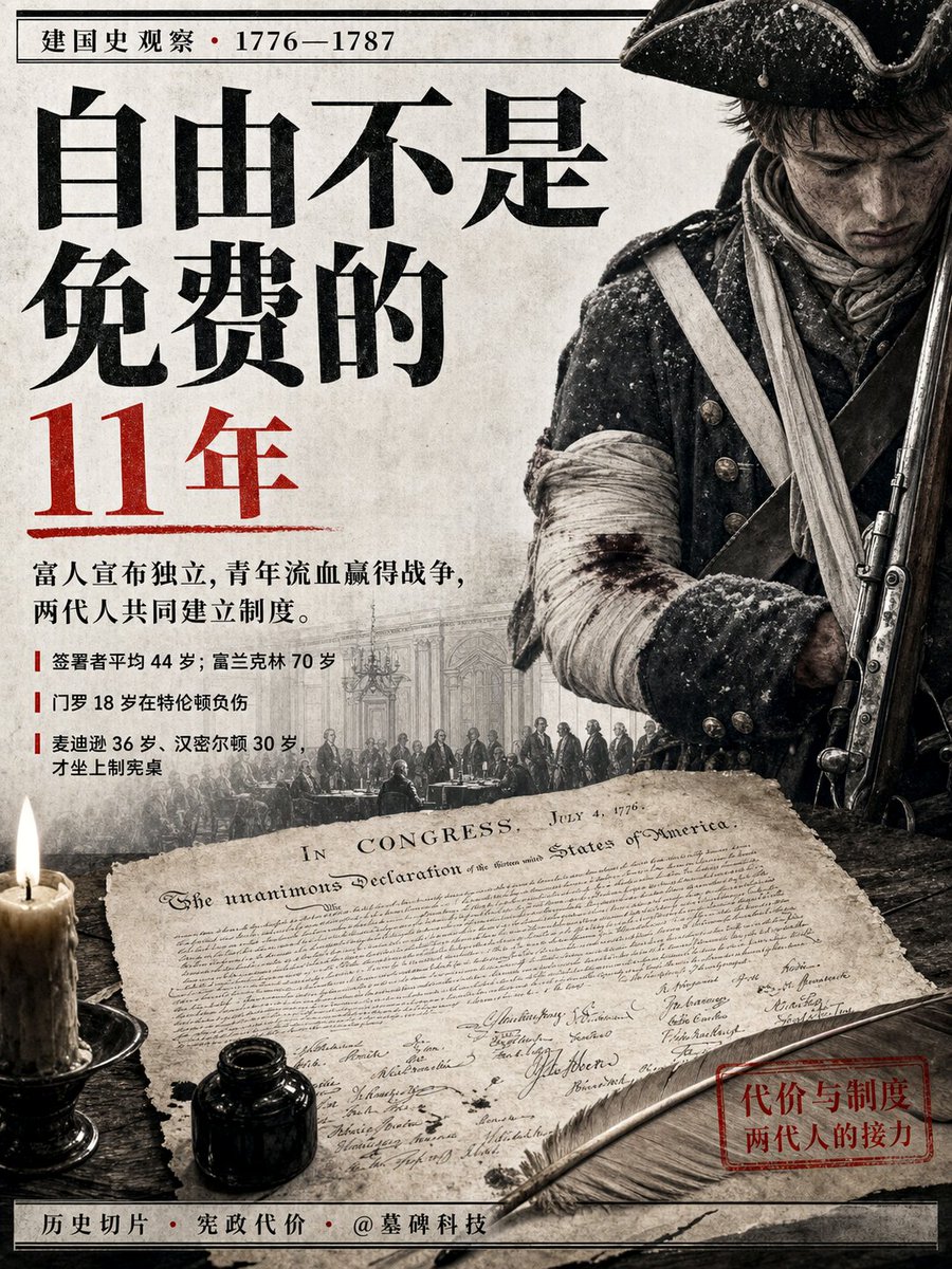 mubeitech's tweet photo. 1776 年写下《独立宣言》的，根本不是一群二十来岁、热血沸腾的年轻人。

那 56 个在宣言上签字的人，平均年龄 44 岁。
最老的 Ben Franklin 已经 70 岁了。
他们是北美殖民地最富有、最体面的那一批精英。
这些人签字，押上的是自己的万贯家财和身家性命。

而那些我们后来耳熟能详的“建国先贤”年轻人，当时连进那间会议室的资格都没有。
他们连一票都没有。
18 岁的 Monroe 是个大学退学生，正扛着火枪在雪地里冲锋。
那年 12 月，他在特伦顿战役中被英军子弹打断了肩膀动脉，差点当场死掉。
Burr 刚从入侵魁北克的惨败中狼狈撤回。
Marshall 只是弗吉尼亚军团里的一个小小中尉。
Hamilton 在纽约指挥着一个炮兵连。
Madison 躲在州议会里，在国家层面上毫无存在感。

这群年轻人，当时押上的是自己的肉体。

直到 11 年后，也就是 1787 年的制宪会议，这群熬过枪林弹雨 of 年轻人才真正迎来了属于他们的时代。
那时候，Madison 36 岁，Hamilton 30 岁，在 55 岁的 Washington 主持下，他们开始亲手编织这个国家的宪政骨骼。
至于 Marshall 重塑最高法院，那是他 45 岁的事了；
Monroe 发表著名的《门罗宣言》，更是到了 58 岁。

这就是真实的建国史：
富人宣布独立，青年流血赢得战争，然后两代人共同建立制度。
年轻人不是靠年轻获得话语权的，他们是先去战场上挡了子弹，九死一生之后，又花了十年时间去琢磨权力到底该怎么运转，才最终坐到了那张桌子旁。
自由从来不是免费的，它需要老一代人的身家，更需要年轻一代人的鲜血肉身的代价。
