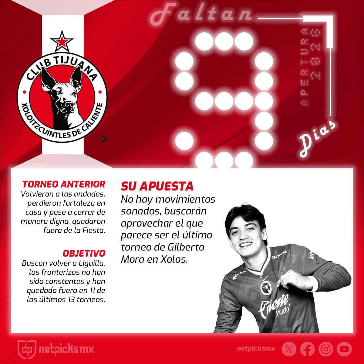 netpicksmx's tweet photo. 𝐅𝐀𝐋𝐓𝐀𝐍 9⃣ 𝐃𝐈́𝐀𝐒 𝐏𝐀𝐑𝐀 𝐄𝐋 𝐈𝐍𝐈𝐂𝐈𝐎 𝐃𝐄𝐋 #Apertura2026 

Ante la inminente salida de Gilberto Mora en 2027, #Xolos buscará -de su mano- regresar a Liguilla y ¿por qué no? a unas Semifinales que no alcanza desde 2018.

¿Podrá el equipo de Sebastián Abreu regresar al protagonismo?