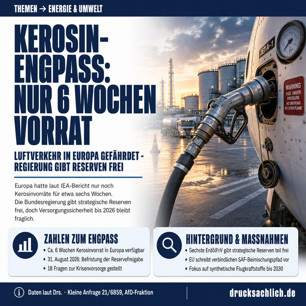 Drucksachlich's tweet photo. Kerosin-Versorgung 2026: 18 Fragen zur Sicherheit des Luftverkehrs

Nur noch 6 Wochen Kerosin in Europa - das zeigt eine aktuelle Kleine Anfrage zur Versorgungssicherheit des Luftverkehrs. Die Bundesregierung setzt auf strategische Reserven und alternati
https://t.co/p6gE4dTPpa https://t.co/btALLTPzmn