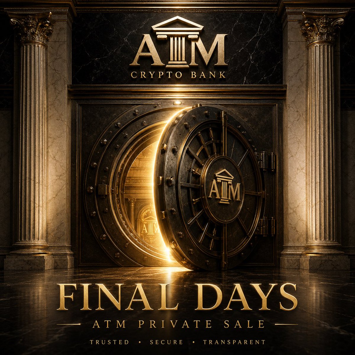 ATMCryptoBank's tweet photo. ⏳ FINAL DAYS OF THE ATM PRIVATE SALE

The window is closing.

This is your chance to enter before launch and be part of a new crypto financial model built around structure, transparency, and long-term vision.

After launch, the opportunity will not be the same.

🏦 ATM Crypto Bank

TRUSTED • SECURE • TRANSPARENT