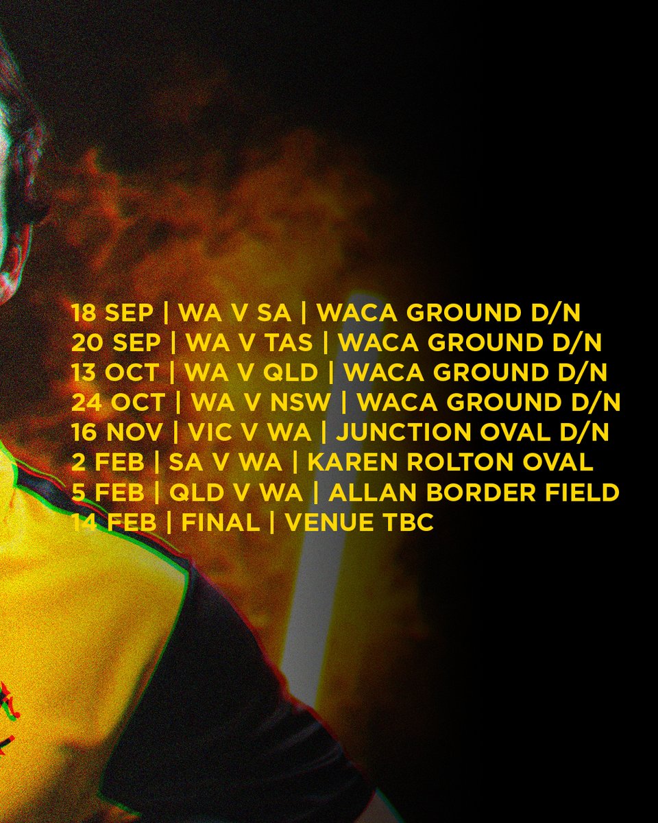 WACA_Cricket's tweet photo. Our 26/27 WA Men's Fixtures are HERE! 🤩

🏟️ Shield match at Optus Stadium
🌃 Day/Night matches at the WACA
🗓️ First One-Day game 18 Sep

Bring on cricket season! 🏏 https://t.co/AdnHmUCob9