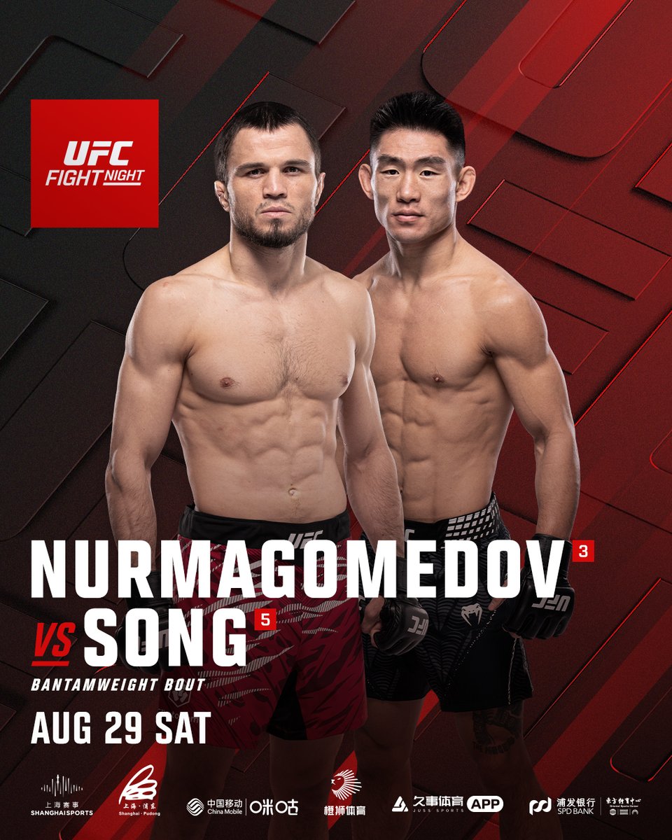 ufc's tweet photo. SHOWDOWN IN SHANGHAI 👀

@UNmgdv vs @SongYadongLFG is your #UFCShanghai main event!

[ LIVE AUGUST 29 on @ParamountPlus ] https://t.co/u5yHnDBs9t