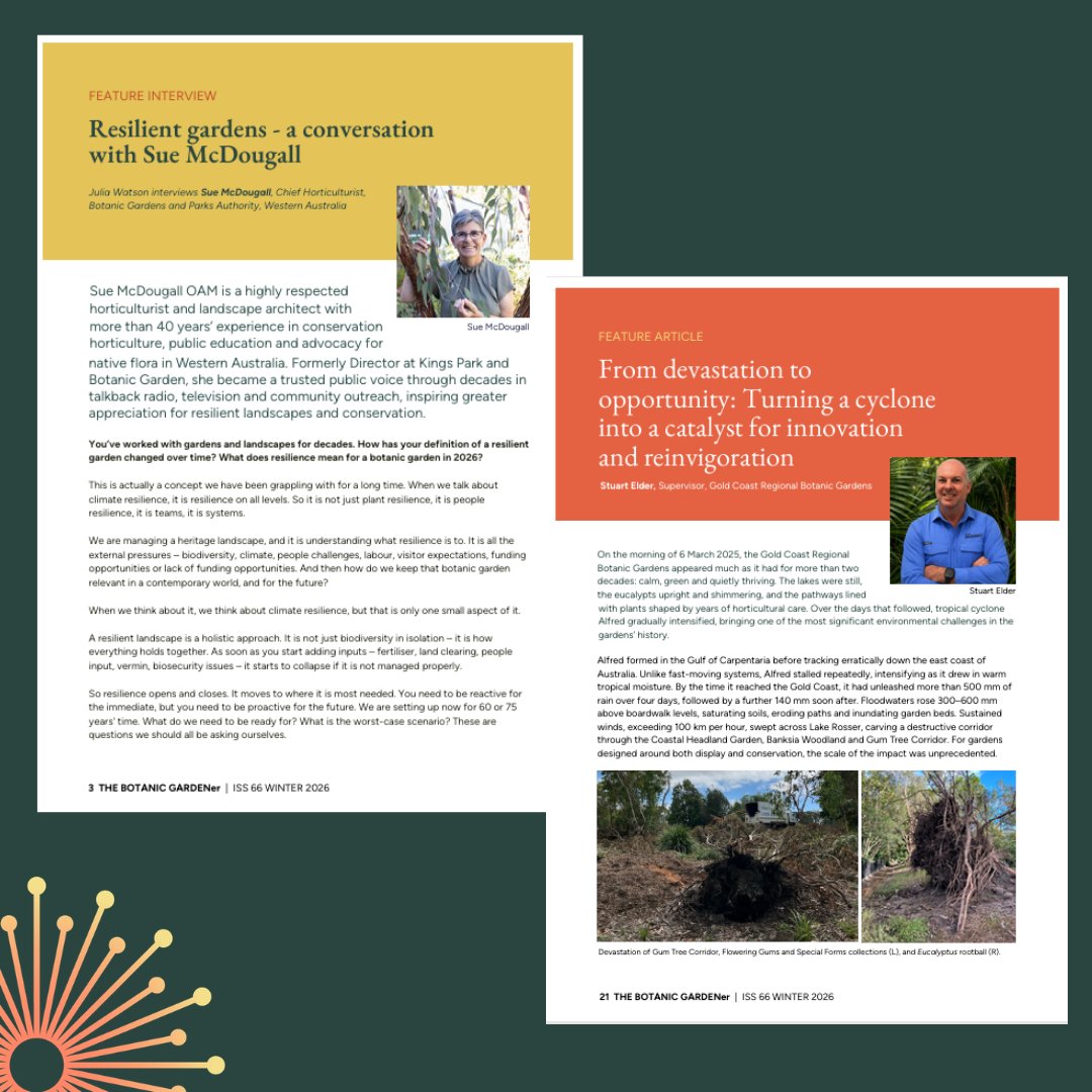 BGANZ1's tweet photo. Botanic gardens inspire joy, beauty and hope - but they also face growing challenges. Our latest magazine, Resilient Gardens, shares powerful stories of recovery, climate adaptation and conservation. Read: https://t.co/rslujPHKQa #botanicgarden #recovery #hope #positivity https://t.co/x9yFpjfEZ3