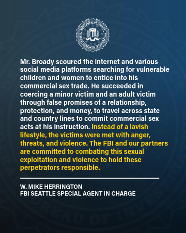 FBISeattle's tweet photo. Seattle man sentenced to 20 years in prison for sex trafficking a minor and an adult woman – induced both to travel to Seattle for prostitution. https://t.co/5n271kvFoU https://t.co/C6JR3GrvYS