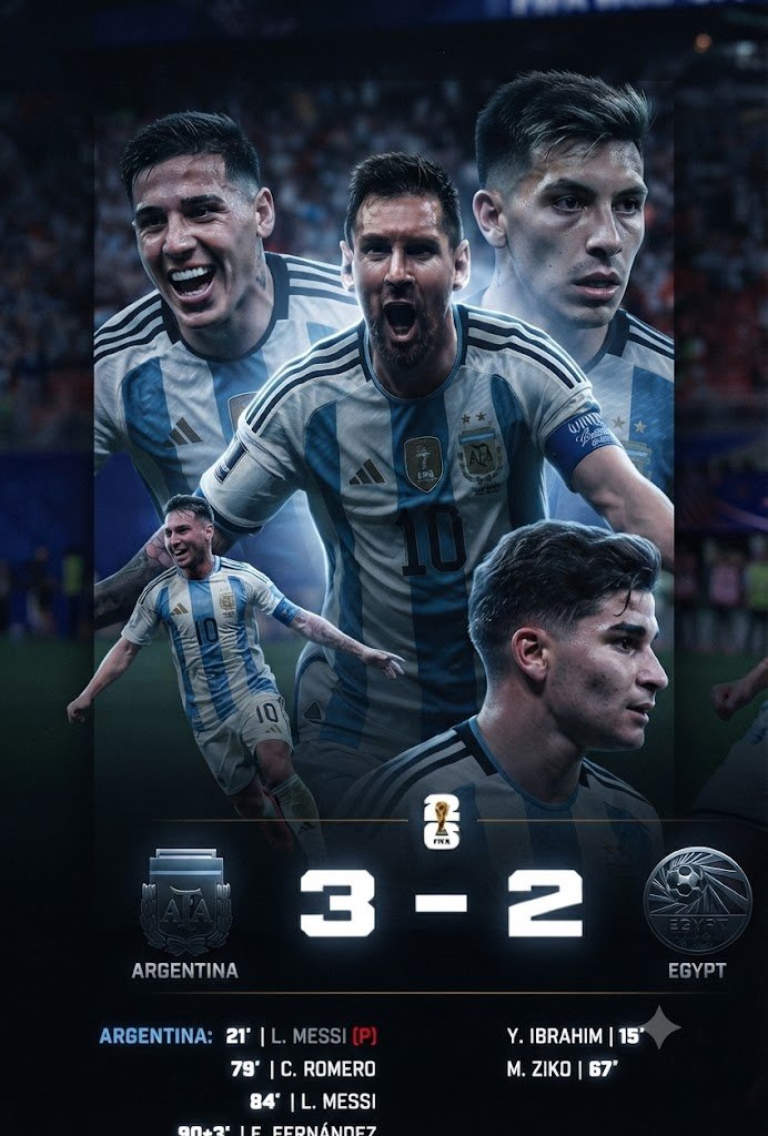FootballFeedHub's tweet photo. HEARTBREAK TO HISTORY! 🇦🇷🔥

Trailing 2-0, Argentina score 3 goals in 11 mins to beat Egypt 3-2.

⚽ 79' C. Romero ⚽ 83' Messi ⚽ 90+3' E. Fernández
Champions reach the Quarter-Finals! 🏆 #WorldCup2026 #ARG #EGY https://t.co/nmJCc2YFnx