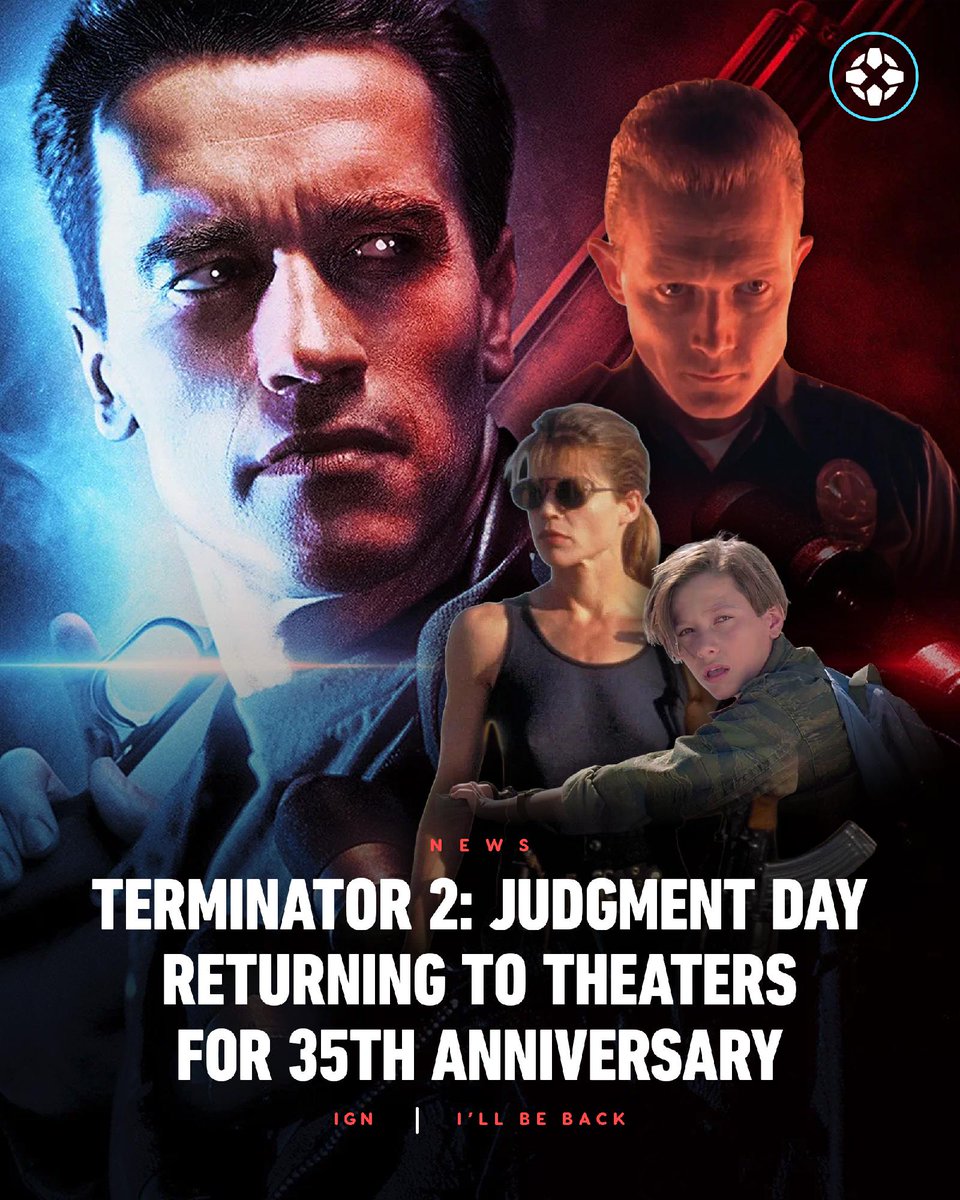IGN's tweet photo. After a handful of special screenings in select cities, Terminator 2: Judgement Day will be getting a wide theatrical re-release for its 35th anniversary on August 28, including premium formats and RealD 3D. https://t.co/QxmtVUb0ob