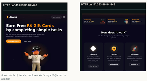 censysio's tweet photo. New research from Censys found children aren't just being targeted by phishing sites, they're being funneled into an entire ecosystem built around popular games like Roblox &amp; Minecraft. 

Read Alex Gartner's full research: https://t.co/zZBotizBnU https://t.co/u4ggcK5Hhu