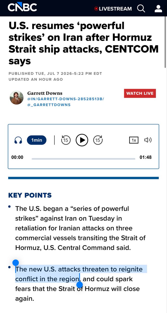 ImForHank's tweet photo. @CNBC did yall even read the headline before blaming the US?  

“The new U.S. attacks threaten to reignite conflict in the region” but not the original Iranian attacks on international shipping? https://t.co/7LI0IPvgC1