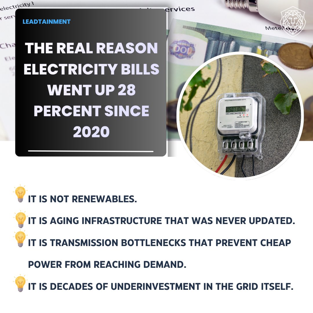 LeadTainment's tweet photo. The irony: the fastest path to lower electricity prices is more renewable investment, not less.

Because solar and wind are now the cheapest new generation on the planet.

Cheap supply sitting behind a broken grid is still expensive to consumers.
 #RenewableEnergy https://t.co/NmJFxi5wia
