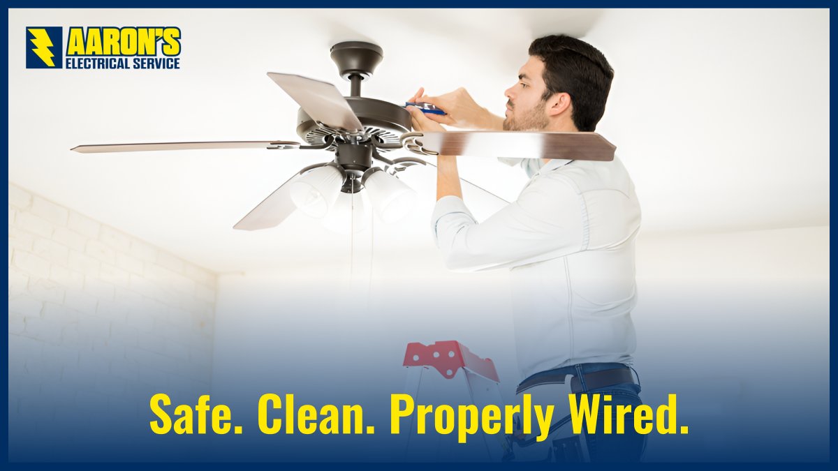 ElectricByAaron's tweet photo. Stay cool this summer with a professionally installed ceiling fan. 🌬️⚡

Reduce strain on your AC and lower energy use.

Learn more: https://t.co/j5qpe4WoHr

#HoustonElectrician #CeilingFanInstallation #SummerComfort #ElectricalService https://t.co/LuKwn4h2Mp