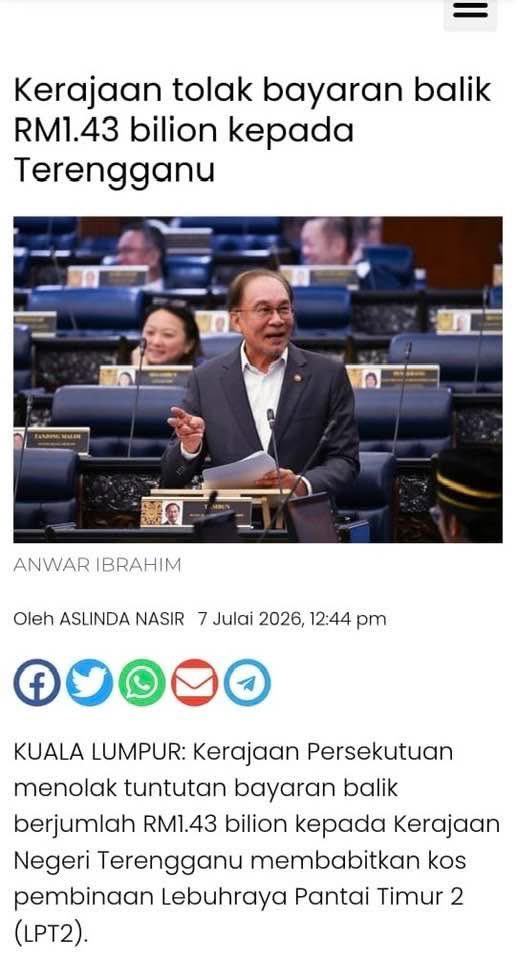 Dr_AzmanIbrahim's tweet photo. LPT2 telah dibina menggunakan peruntukan dari wang royalti minyak Terengganu dengan kos RM1.8 bilion. Sebahagiannya telah dibayar dan masih berbaki lagi RM1.43 bilion. https://t.co/nm973rQrqX
