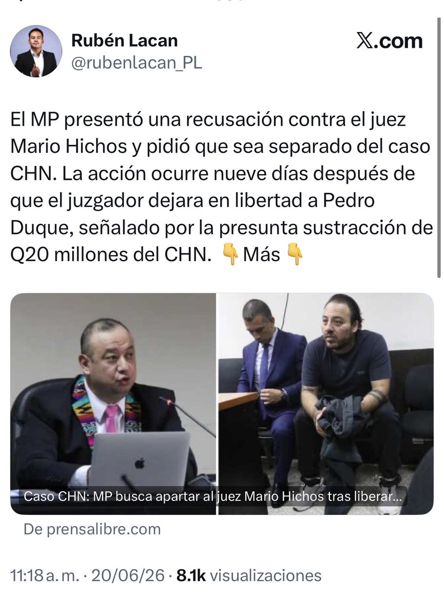 ManfredoGuate's tweet photo. 🚨El cuestionado fallo del juez Mario Hichos, que otorgó arresto domiciliario a uno de los principales acusados del caso CHN, hoy pasa una factura difícil de ignorar. 
📌El MP no solo pidió separarlo del caso mediante una recusación, sino también revocar las medidas sustitutivas y ordenar la captura de Pedro Duque, luego de que dejara de presentarse a firmar cada 15 días. 
📌Para rematar, sus tres abogados renunciaron al caso. 
‼️Pedro Duque se esfumó… igual que los Q20 millones del desfalco al CHN.‼️