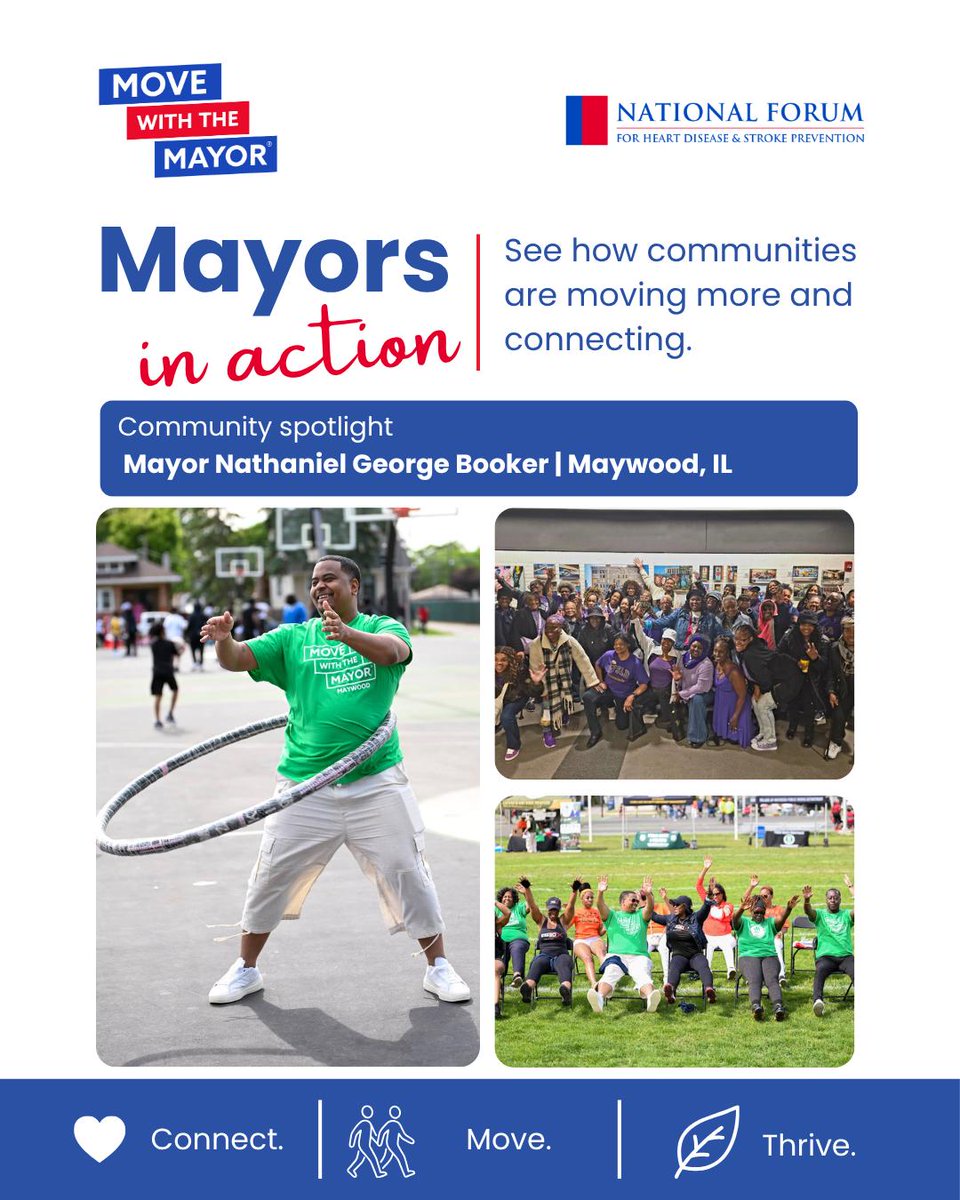 NatForumHDSP's tweet photo. Mayor Nathaniel George Booker of Maywood, Illinois, is showing how community wellness can bring residents together through movement, joy, and connection.

Mayor Booker brought residents together for large-scale wellness events that encouraged movement, connection, and well-being.

Thank you to Mayor Booker and the Maywood community for helping create opportunities for residents to be active together.

#MoveWithTheMayor #ConnectMoveThrive