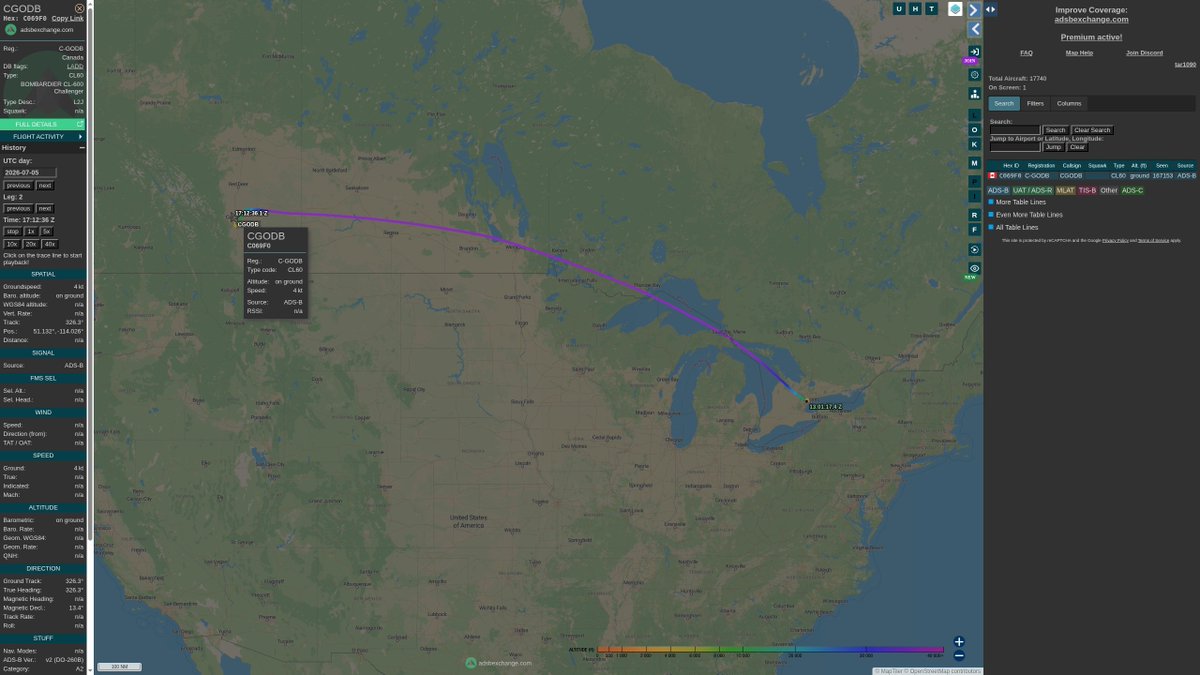 steffanwatkins's tweet photo. The same aircraft, EXECAIRE Bombardier Challenger 605 C-GODB #C069F0 flew to Calgary from Toronto on July 5, and back to Toronto July 6. This is presumably Doug Ford again; considering how few planes made that flight, this seems to be the logical choice. https://t.co/8WnMOK8ODe