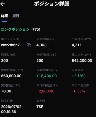PujX4's tweet photo. 📊 【7751 日本電産 ポジション状況】

7/2建てのロング、本日時点で
平均建値 4,211円 → 最新価格 4,303円
含み益 +18,400円（+2.18%） でキープ中。

🔍 詳細：

数量：200株

時価評価額：860,600円

本日損益：-2,600円（-0.31%）とやや調整局面

移動平均線は依然として上向き傾向。
4,300円台での保ち合いを上抜ければ、次のターゲットは4,400円台も視野に。

📌 現時点の戦略：

損切ラインは平均建値割れで検討

上値ブレイク待ちでホールド継続中

決算発表前のタイミングもあり、
ボラティリティ拡大に備えています。

#日本電産 #7751 #日本株 #株式投資 #デイトレード #含み益 #TSE #ロングポジション #テクニカル分析