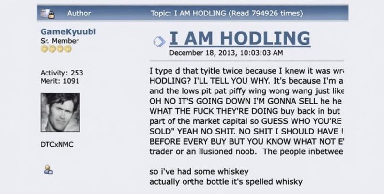 heatherjuron096's tweet photo. In 2013, a Bitcointalk user drunkenly typed "I AM HODLING" after a 39% crash.        

That misspelling became Bitcoin's most famous strategy. https://t.co/mHYWhsJUUX