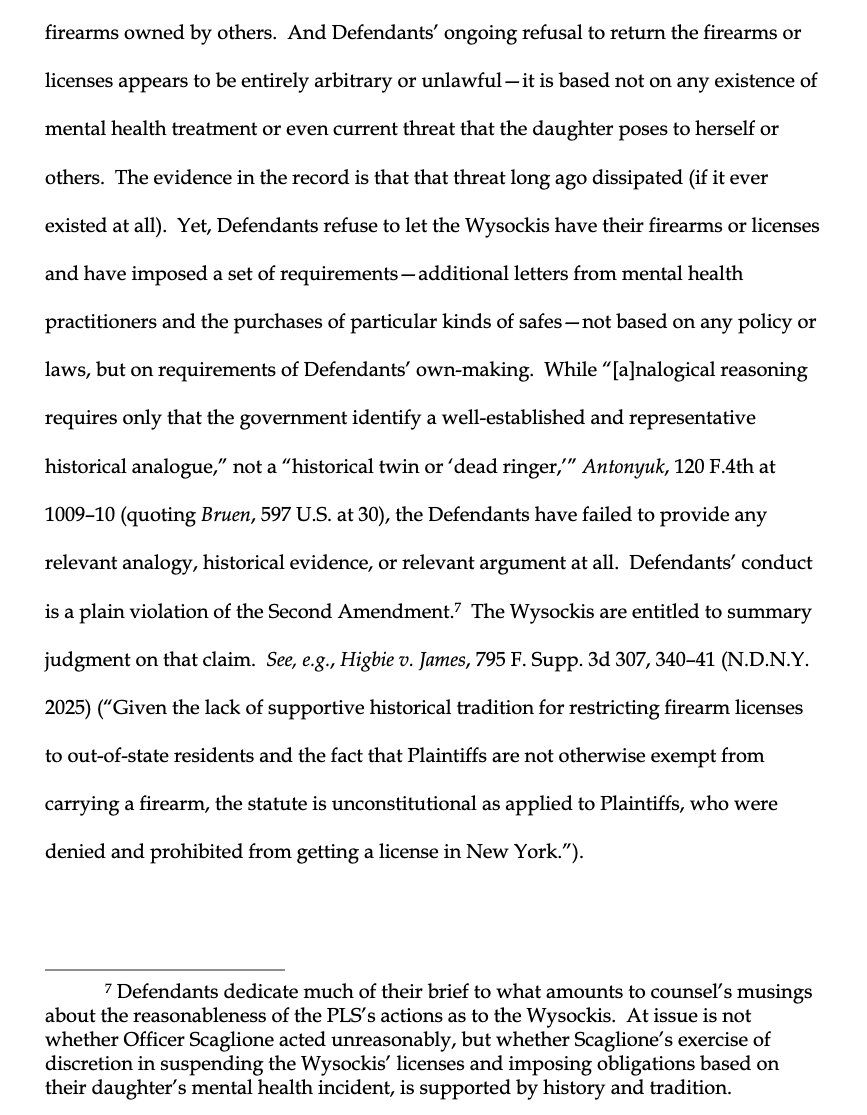 gunpolicy's tweet photo. A New York federal judge has ruled that Nassau County committed a "plain violation of the Second Amendment" when it disarmed the plaintiffs in response to their "daughter’s mental-health emergency" and refused to return the firearms and licenses despite evidence that the "threat long ago dissipated (if it ever existed at all)." https://t.co/1yClFYPBzq