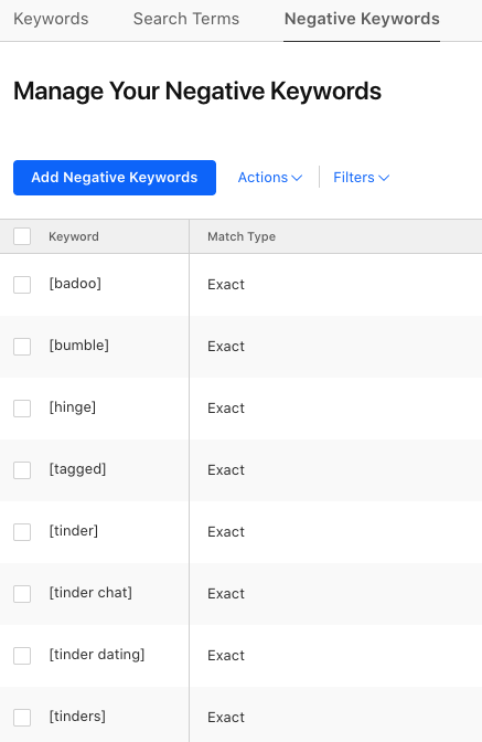 jakublaszczyk's tweet photo. Working with Apple Search Ads. Apple's broad match decided "tan" ≈ "Tinder." 🤦 Quickly adding those to my negative keywords https://t.co/8SeiXrPm5I