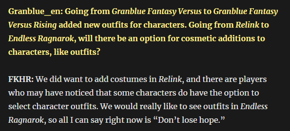 granblue_en's tweet photo. A few highlights from our Endless Ragnarok interview with FKHR:

He keeps the door open for new character outfits in Endless Ragnarok... https://t.co/Y4KM0otC5m