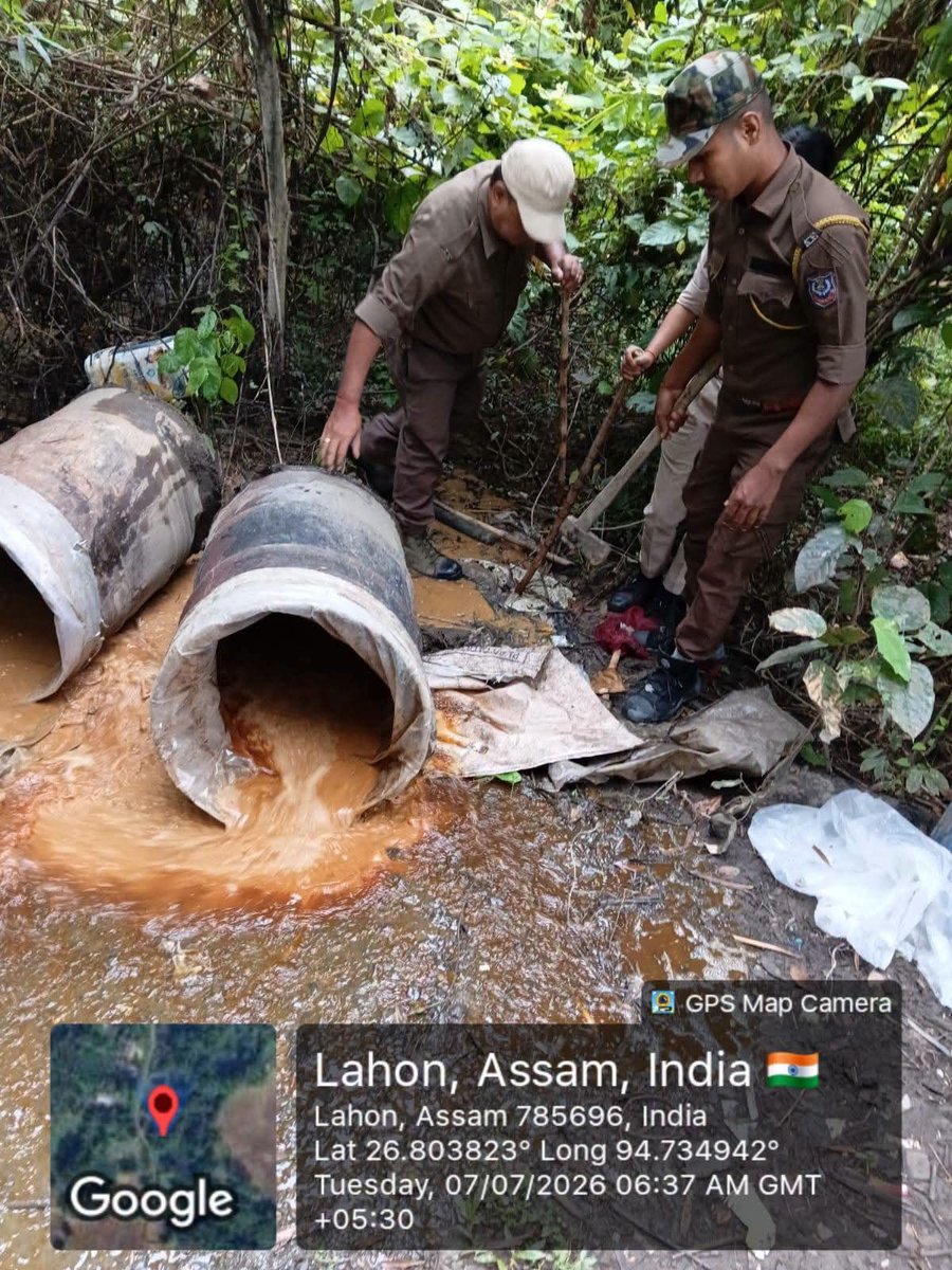 dc_sivasagar's tweet photo. 🚨 Excise Crackdown in Sivasagar!
On July 7, 2026, the Nazira Excise team conducted raids in Ramrup, Marangon, and Habigon, registering 3 cases against illicit liquor production.
Seized &amp; Destroyed:
🔹 1300L Fermented Wash
🔹 20L ID Liquor
🔹 3 DA sets
#ExciseDrive #Nazira https://t.co/412ZgINExK