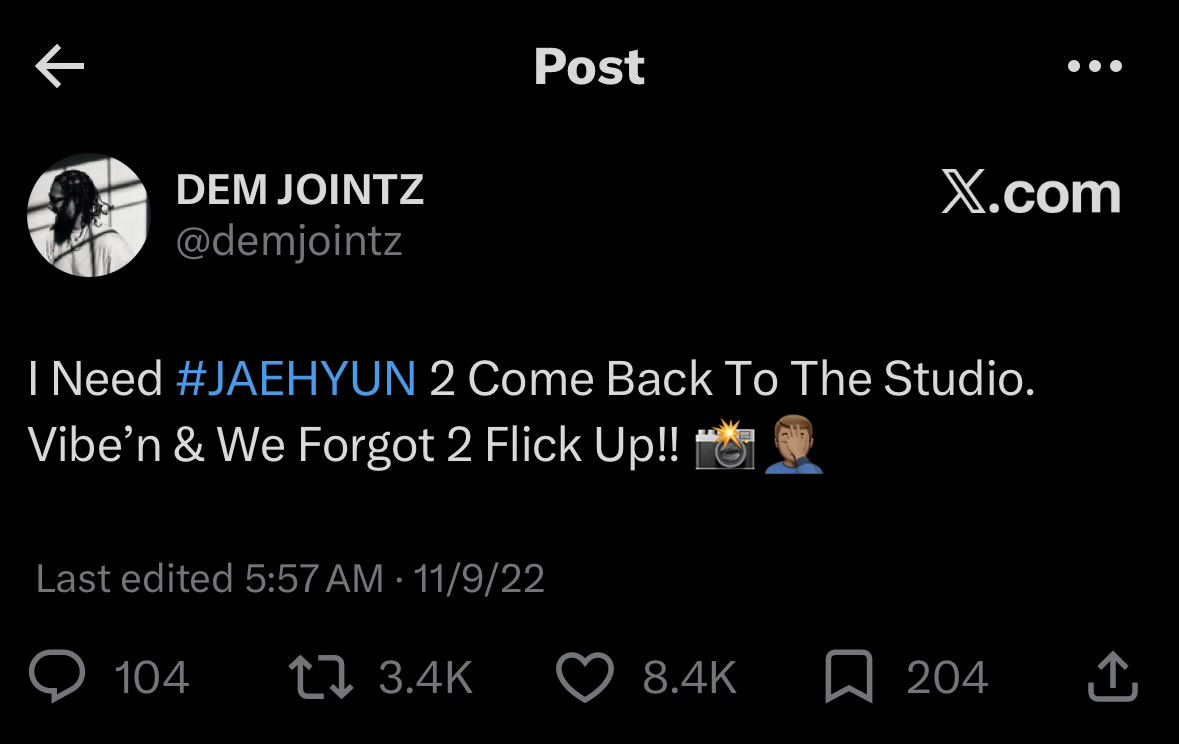 unojaehyun's tweet photo. This was probably that time he met Jaehyun
#재현 #JAEHYUN

DJ: But it's crazy because the first time I met Jaehyun, he came and actually sat in the studio with me and he was in there for about an hour and a half and we were just talking. It didn’t dawn on me to take pictures with this dude. So we didn’t take pictures and he came through. I was like, [laughs]
“Yo, he was cool as shit. Who was that?”
