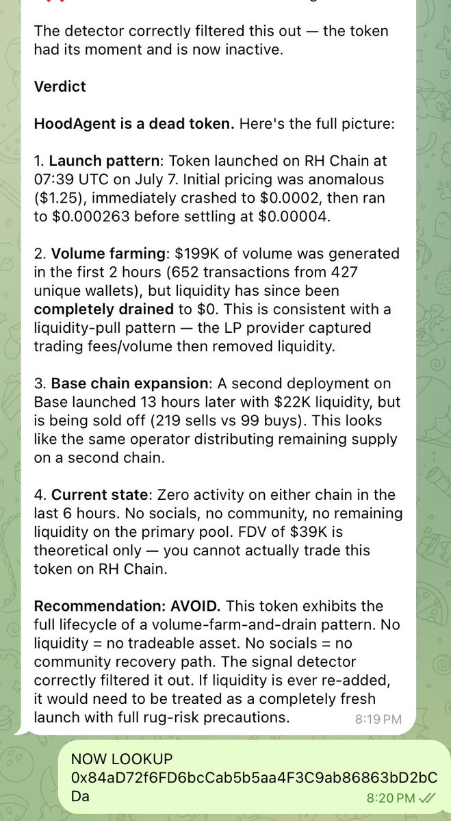 Root_Edge's tweet photo. HoodAgent does more than just help you find trades + trade for you on @RobinhoodCrypto Chain. It keeps you safe! 

HoodAgent can help you identify malicious tokens, find farmers/honeypots & so, so much more 🛠️🧠

Think of HoodAgent as your safety net.

Scam HoodAgent vs Real $HOODAGENT analysis via HoodAgent's product capability: