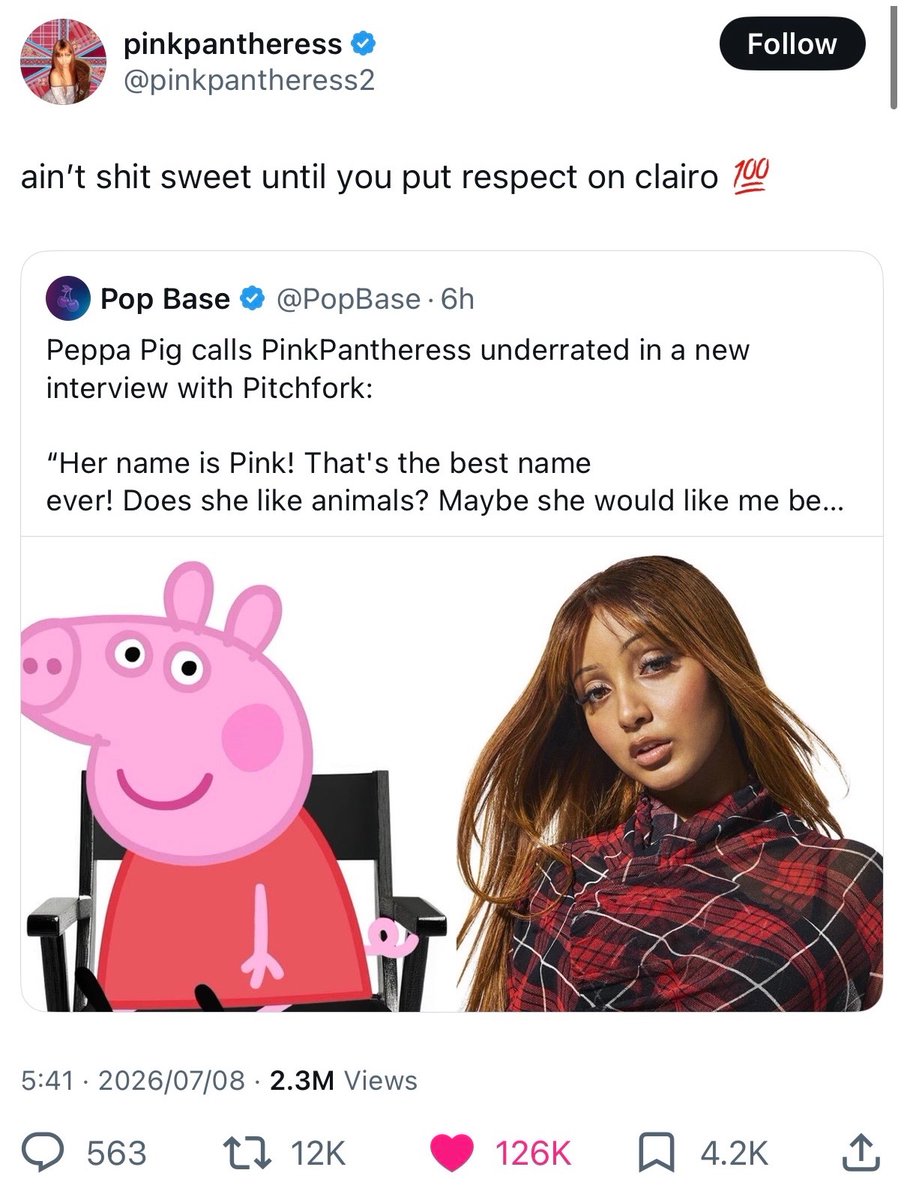 __sofia68's tweet photo. Peppa Pigとclairoのビーフが開幕🧨

Peppa Pigがpitchforkのインタビュー中に「clairoなんか知らない」と解答したことに、チャーリーが「一緒にしばこうぜ」とclairoにメールしてたり、とピンクさんがclairo側に立つツイートしてて本当におもろいwwwwww https://t.co/NnJFfmaX9m