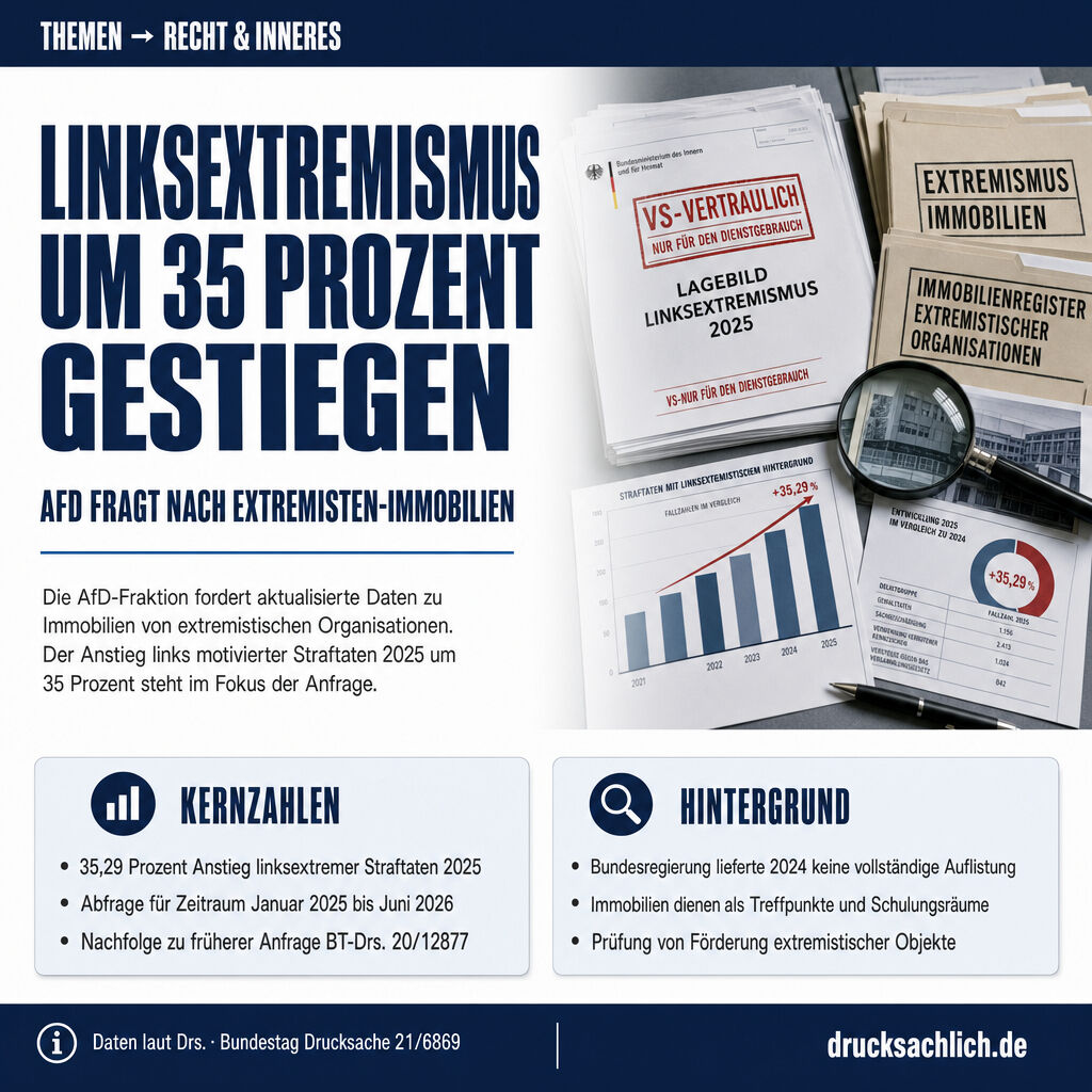 Drucksachlich's tweet photo. Extremismus-Immobilien: AfD fragt nach Besitz und Nutzung seit 2025

Die AfD fordert Transparenz: Linksextremistische Straftaten stiegen 2025 um 35 Prozent. Welche Immobilien nutzen extremistische Gruppen in Deutschland und wie wird mit öffentlichen Förd
https://t.co/9vYvkwR1E0 https://t.co/PVIfLwAQS3