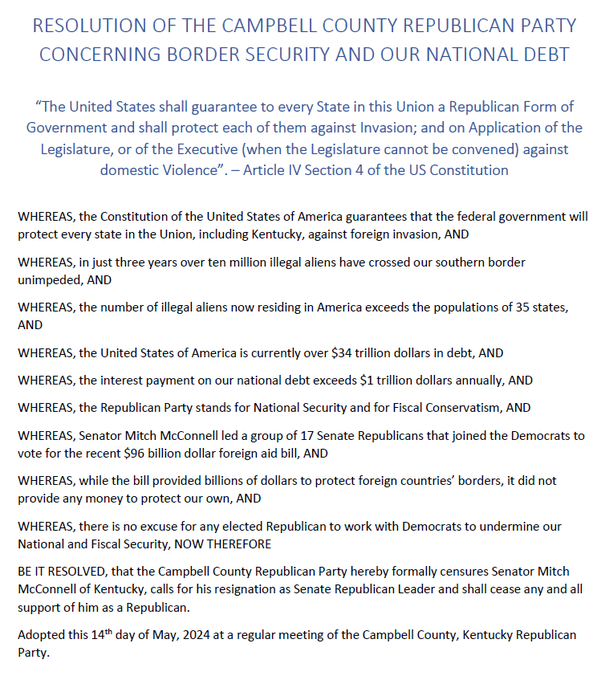 ky_statesman's tweet photo. @RepThomasMassie I spoke to Mitch McConnell this morning and he thanked me for writing this resolution to censure him when I was the Vice Chair of the Campbell County Republican Party. 😄 https://t.co/cntjbhGkcO