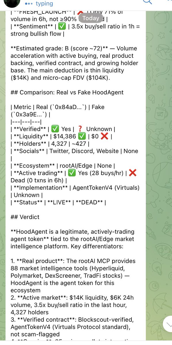 Root_Edge's tweet photo. HoodAgent does more than just help you find trades + trade for you on @RobinhoodCrypto Chain. It keeps you safe! 

HoodAgent can help you identify malicious tokens, find farmers/honeypots & so, so much more 🛠️🧠

Think of HoodAgent as your safety net.

Scam HoodAgent vs Real $HOODAGENT analysis via HoodAgent's product capability: