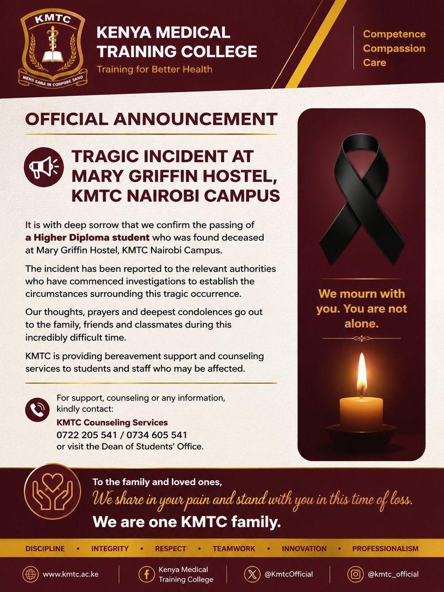 Kagame0115's tweet photo. Reports emerging from KMTC Nairobi Campus have left many students and alumni deeply concerned. We join the KMTC community in hoping for clarity and extend our thoughts to everyone affected.

#KMTC #Nairobi #MentalHealth #StudentWellbeing #Kenya https://t.co/RC8c0PqTfB