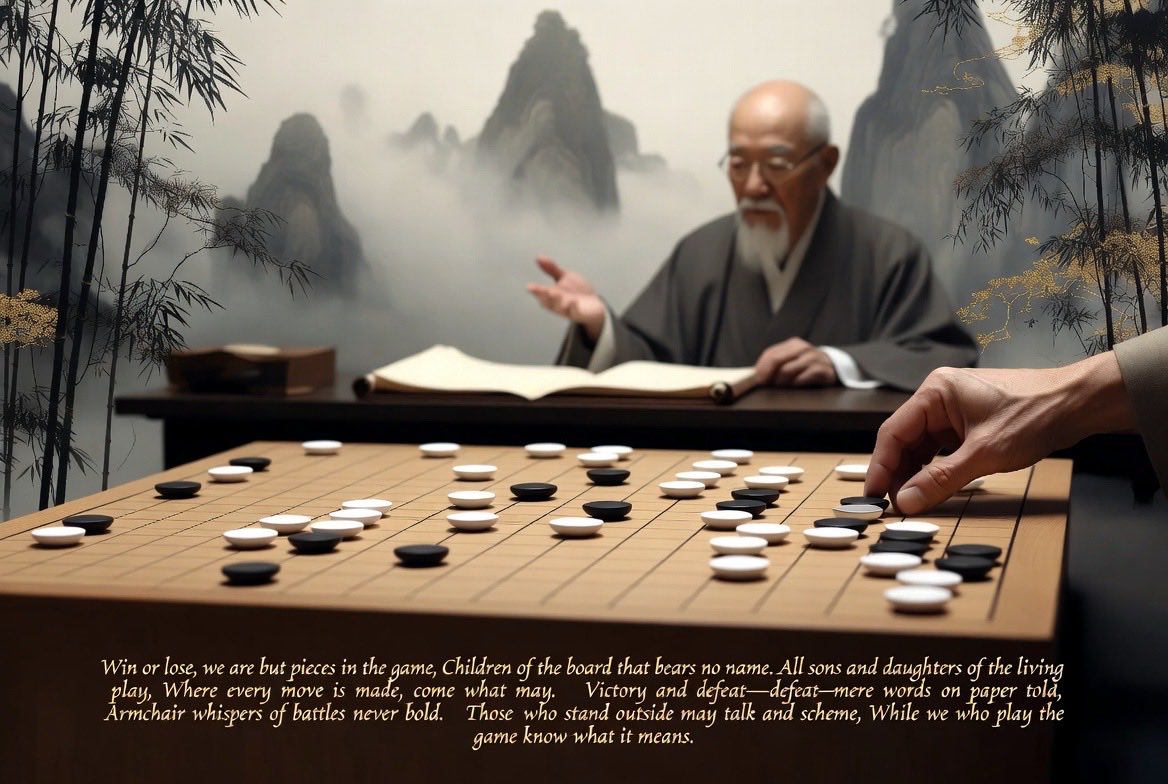 jittipoj's tweet photo. 輸贏皆是局中子 
勝負只能紙上談

Win or lose, we are but pieces in the game, Children of the board that bears no name. All sons and daughters of the living play, Where every move is made, come what may. Victory and defeat—mere words on paper told, Armchair whispers of battles never bold. Those who stand outside may talk and scheme, While we who play the game know what it means.

☀️

#จิตติพจน์วิริยะโรจน์
#inkMine #vss365  #詩
对联   詩 诗词 
poetrycommunity 
WritingCommunity
陸享瑞