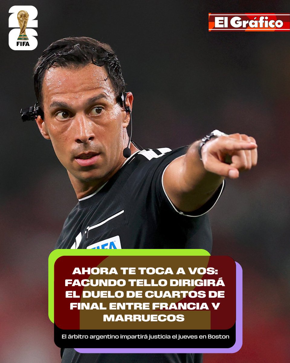 elgraficoweb's tweet photo. ✅ Facundo Tello 🇦🇷, el árbitro para el duelo entre Francia 🇫🇷 y Marruecos 🇲🇦

⚽ El argentino impartirá justicia el jueves en Boston 🇺🇸, en el compromiso que abre los cuartos de final del Mundial 🏆 

📷 Estará acompañado de sus compatriotas Bellati, Chade, Herrera y Navarro https://t.co/HaLMkjTHTH