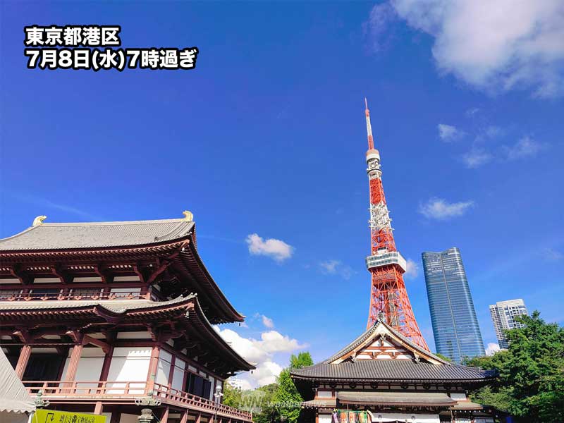 wni_jp's tweet photo. ＜東京は約3週間ぶりの青空！＞
今日8日(水)の関東は久しぶりの青空が広がっています。
東京のアメダスが最後に5時間以上の日照を観測したのは6月19日で、今日5時間以上の日照を観測すれば約3週間ぶりとなります。
昼間は夏らしい暑さとなるので、熱中症にご注意ください。
https://t.co/Au5WmgG0Ln https://t.co/EVUfT0LHLA