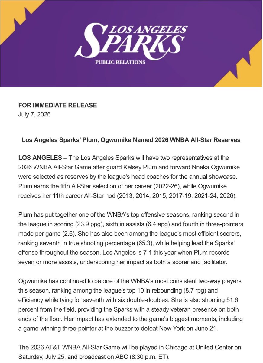 FlyByKnite's tweet photo. Kelsey Plum and Nneka Ogwumike of the Los Angeles Sparks were named 2026 WNBA All-Star reserves today, with the pair selected by the league’s head coaches. It is Plum’s fifth All-Star selection and Ogwumike’s 11th. https://t.co/KJN9bxtTPW