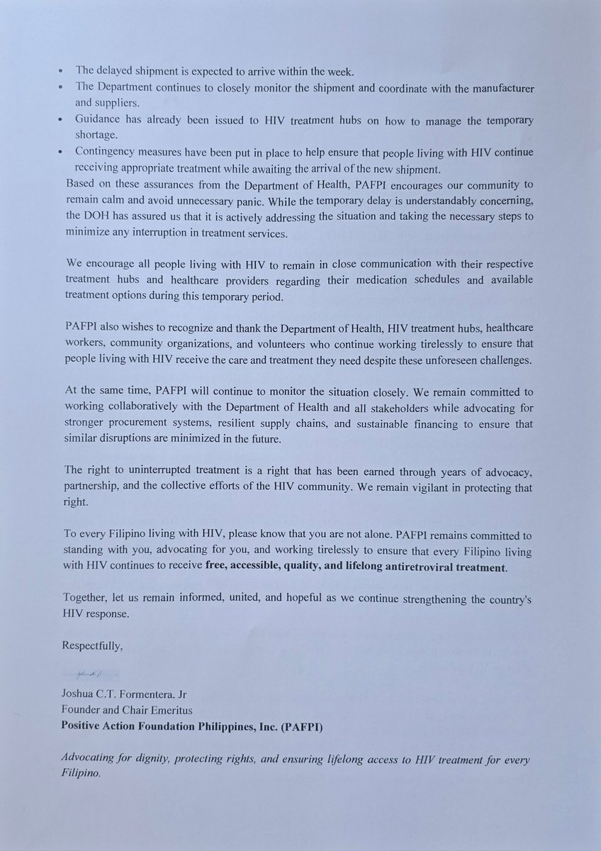 joshuaformen's tweet photo. OPEN LETTER TO THE HIV COMMUNITY IN THE PHILIPPINES
From the Positive Action Foundation Philippines, Inc. (PAFPI) #HIVPH #Philippines #ARVmeds https://t.co/Kj9rY6rEel