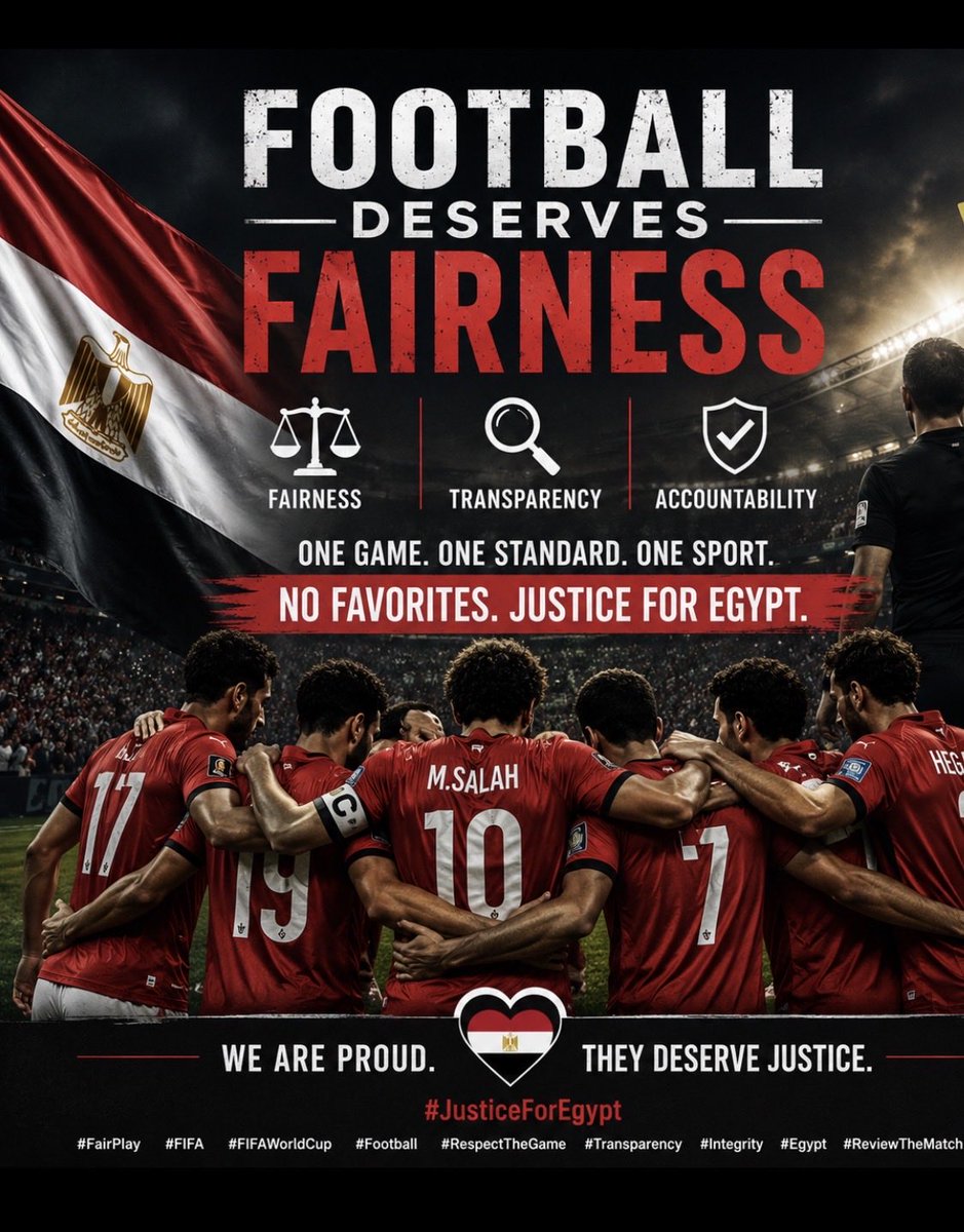 HanannTurk's tweet photo. The Egyptian team made us proud. They deserve justice. 🇪🇬⚽ Justice is not a favor. It is the foundation of football. Egypt deserves fairness, transparency, and equal treatment. The world is watching. 🇪🇬⚽
#JusticeForEgypt #FairPlay #FIFA #FIFAWorldCup #Football #RespectTheGame https://t.co/boiEZPzwi8