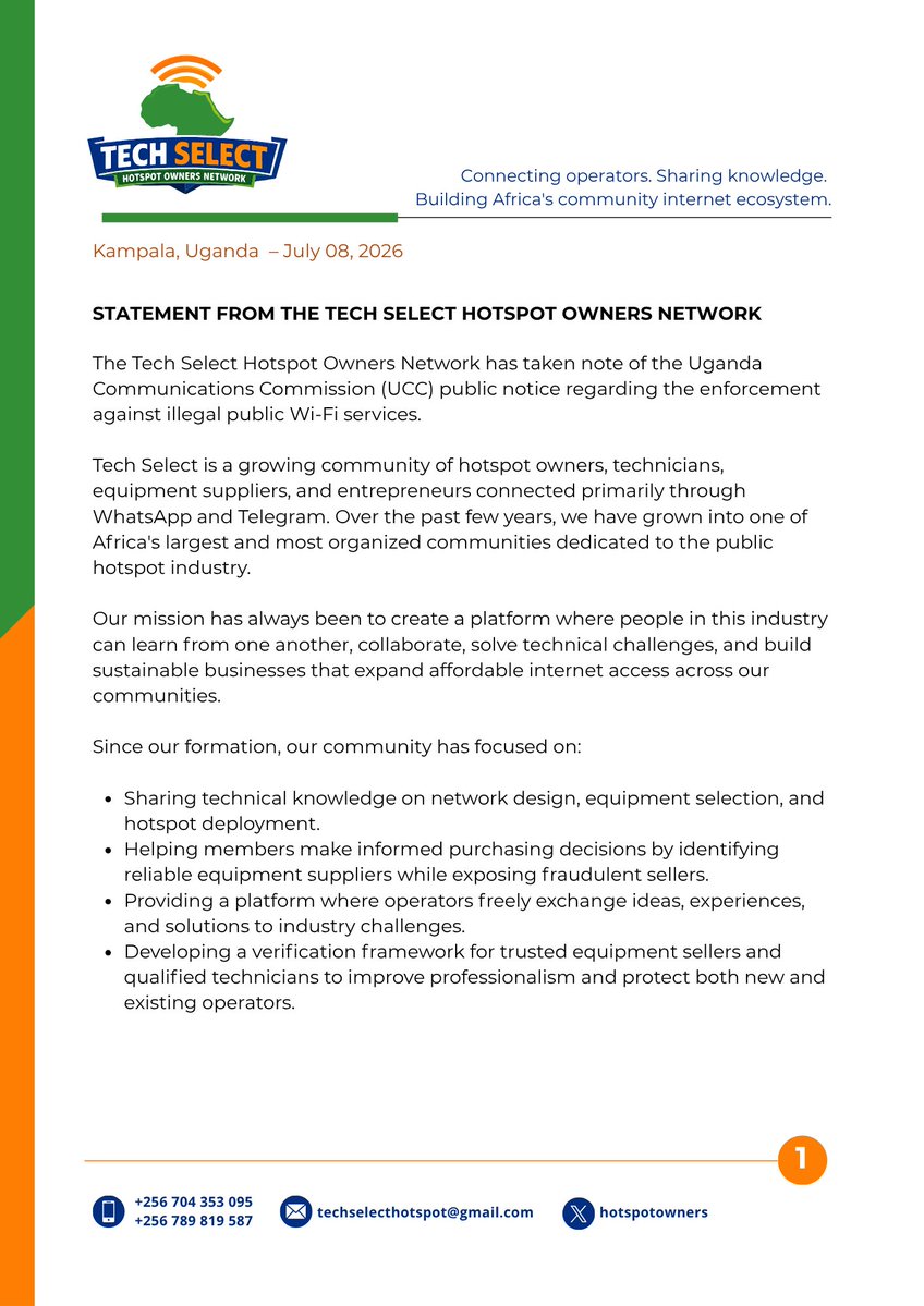 hotspotowners's tweet photo. Hotspot operators are no longer peripheral players, they are key contributors 2 Uganda's digital access ecosystem. 

We support regulation but it must protect both consumers &amp; the livelihoods of thousands of entrepreneurs. 

Our statement is attached.

@UCC_ED  | @UCC_Official https://t.co/dm3mTMK8QU