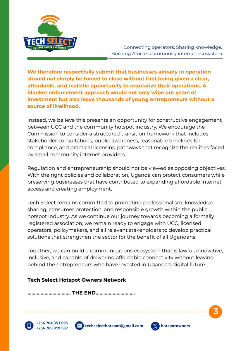 hotspotowners's tweet photo. Hotspot operators are no longer peripheral players, they are key contributors 2 Uganda's digital access ecosystem. 

We support regulation but it must protect both consumers &amp; the livelihoods of thousands of entrepreneurs. 

Our statement is attached.

@UCC_ED  | @UCC_Official https://t.co/dm3mTMK8QU