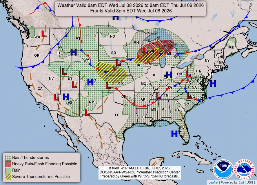 National weather map valid 8am EDT Jul 8, 2026 showing widespread rain and thunderstorms (green shading) across the central and eastern U.S., red hatched areas for heavy rain/flash flooding, yellow-striped zones for possible severe storms, and surface fronts with H/L centers.