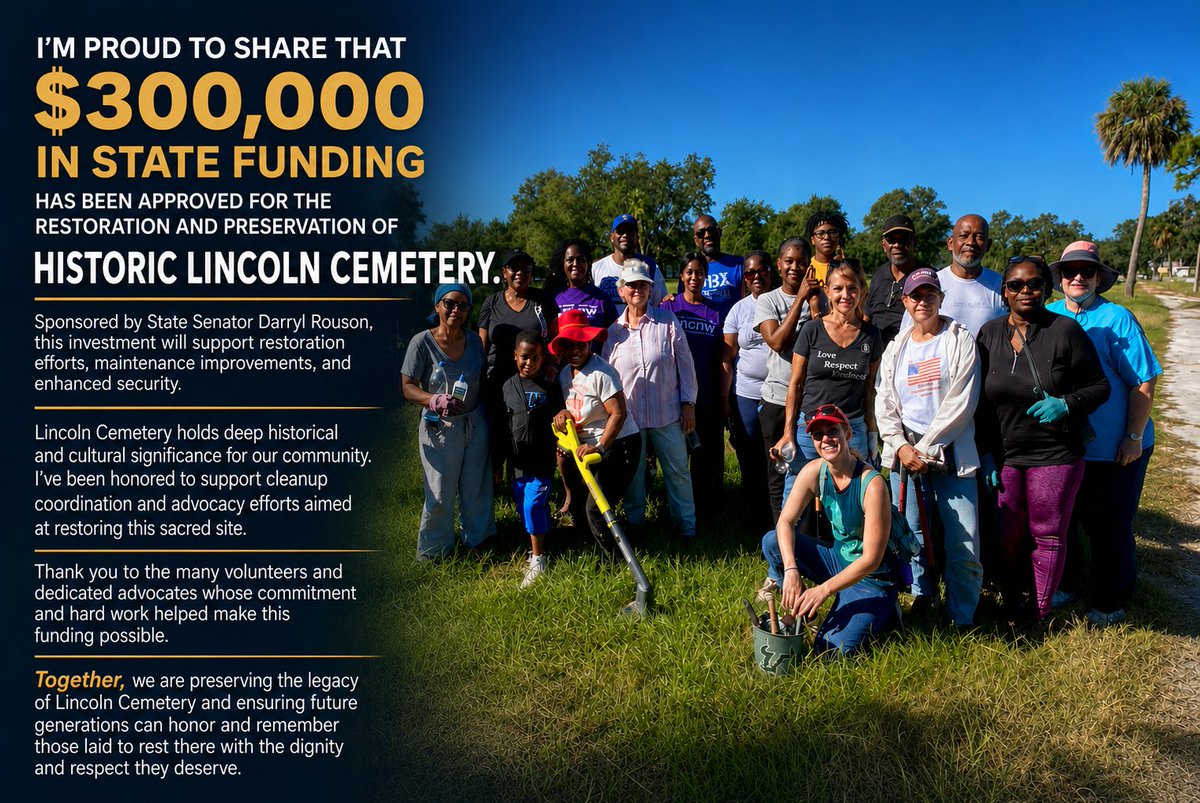 CoreyGivensJr's tweet photo. The FL state budget includes a $300K allocation designated to help restore &amp; maintain the historic Lincoln Cemetery in Gulfport. The funding is intended to address chronic neglect by fixing flooding and drainage issues, restoring cemetery roads, &amp; fencing. https://t.co/iEUNyUX0Lm