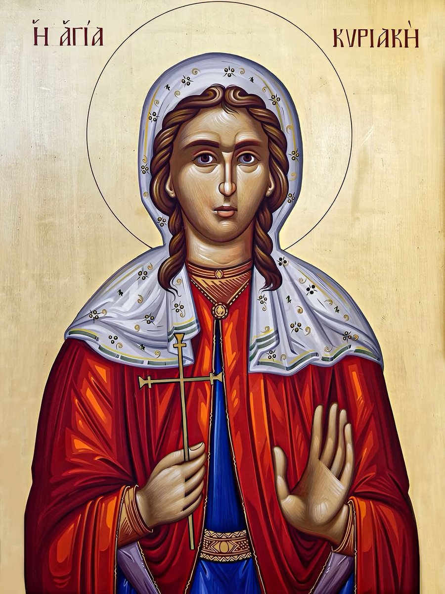 orthodox_33ad's tweet photo. 🔸 July 7 - Saint Kyriaki of Nicomedia 🔸 

Today, we commemorate the Great-Martyr Saint Kyriaki of Nicomedia. She suffered for Christ during the persecutions of the emperor Diocletian (284-305). St Kyriaki was born in the city of Nicomedia (today Izmit, Turkey) to pious Christian parents Dorotheos and Eusebia on a Sunday, and so she was given the name Kyriaki (‘Sunday’ in Greek). The young Kyriaki was modest and wise beyond her age.

Uninterested in worldly exploits, she desired to preserve her virginity, and nourished her soul with the virtues of fasting and prayer. One day, a wealthy magistrate, captured by the wealth and beauty of Kyriaki, sought to betroth her to his son. Kyriaki denied the magistrate’s offer, declaring that she had already betrothed herself to Christ. The infuriated magistrate went to the emperor Diocletian and falsely accused Kyriaki of mocking the pagan gods.

Diocletian sent soldiers to arrest Kyriaki and her parents. Dorotheus and Eusebia confessed their faith before the emperor who sent them to be savagely tortured and beheaded. Kyriaki was sent to be interrogated by Maximian, Diocletian’s son in law. Marveling at her beauty, Maximian tried to persuade her through flattery to abandon her faith, and to venerate the pagan idols. Kyriaki refused, and told Maximian that nothing could separate her from Christ.

St Kyriaki was brutally lashed with whips, but this only strengthened her faith. The humiliated Maximian, unable to break the Saint, sent her to Hilarion, the brutal eparch of Bithynia. Hilarion had Kyriaki suspended by her hair, and burned with torches of fire, but Christ appeared to her and healed her wounds. When Hilarion saw that she was healed, he urged her to go to the temple and thank the pagan gods.

Hilarion thought he had defeated Kyriaki by bringing her to the temple, but St Kyriaki prayed to Christ, and an earthquake shattered the idols. Instead of accepting the power of Christ, Hilarion blasphemed against the Lord, and was struck by lightning and died. Hilarion’s successor, Apollonius, threw Kyriaki to hungry lions, but they lay tame at her feet. Finally, the 21 year old St Kyriaki was beheaded in 289.