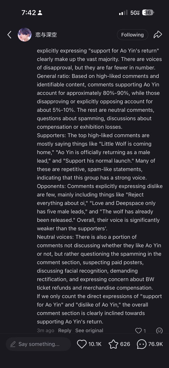 Alpackaaa's tweet photo. 📈This is too good. 🤭🤭

Just now, with the announcement at 76k+ comments, someone had AI analyze the comments on xhs for @Love_Deepspace’s BW announcement. 

Look at this result.

#LADSGiveUsBackValko #BringValkoBack #JusticeForValko #Valkois6th https://t.co/9m8ewrfDWh